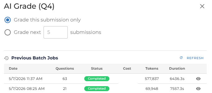 AI Grade dialog showing the single/batch mode options and the Grade button