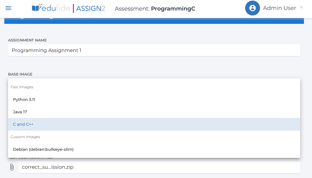 Programming assessment setup with the fast image dropdown open