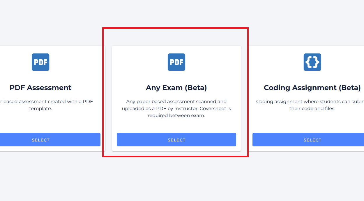 Screenshot showing the selection of 'AnyExam' from the assessment type options.