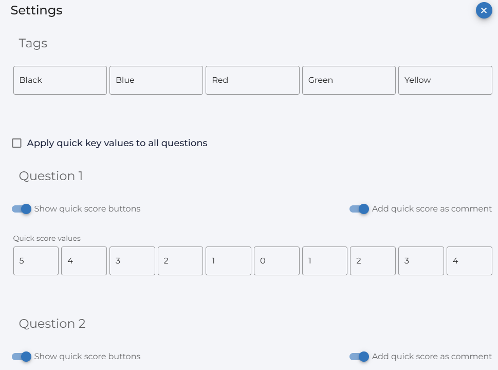 Question Settings modal showing all configuration sections